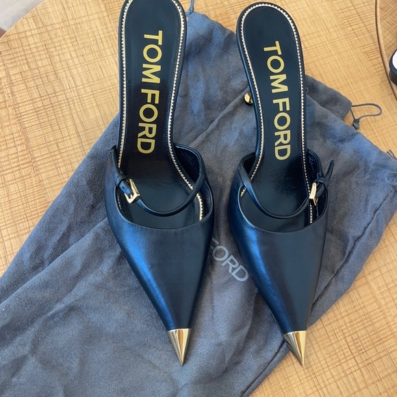 Tom Ford black gold pointed toe kitten heels shoes stilettos NWOT - Picture 1 of 5